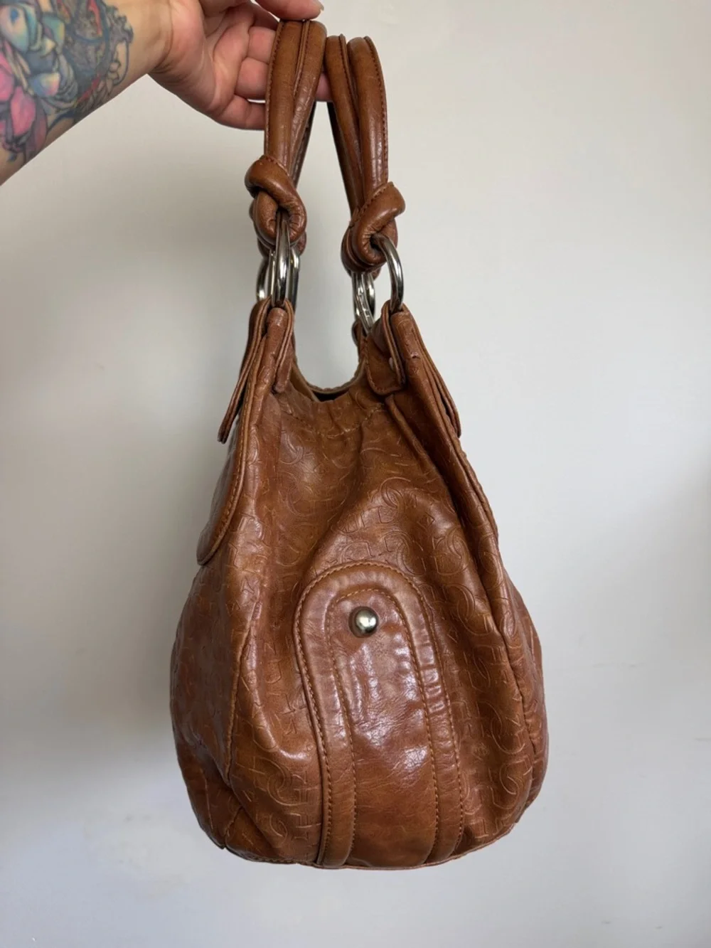 GUESS Vintage Brown Leather Hobo Bag Monogram Logo Y2K Shoulder Bag - Picture 3 of 14